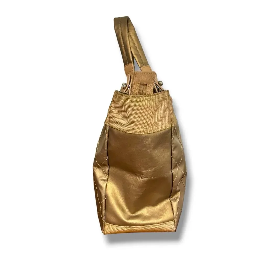 Authentic Chanel Paris Biarritz CC Large Tote Bag Gold Tan Coated Canvas Handbag
